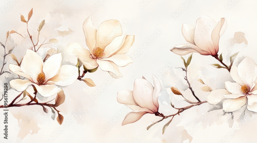 White magnolia flowers arranged on a plain background watercolor botanical design Exquisite hand drawn artwork White magnolia flowers arranged on a plain background watercolor botanical design Exquisite hand drawn artwork