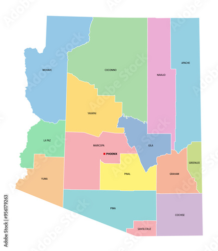 Arizona, U.S. state, subdivided into 15 counties, multi colored political map with capital Phoenix, borders and county names. State in the Southwestern region of the USA, nicknamed Grand Canyon State
