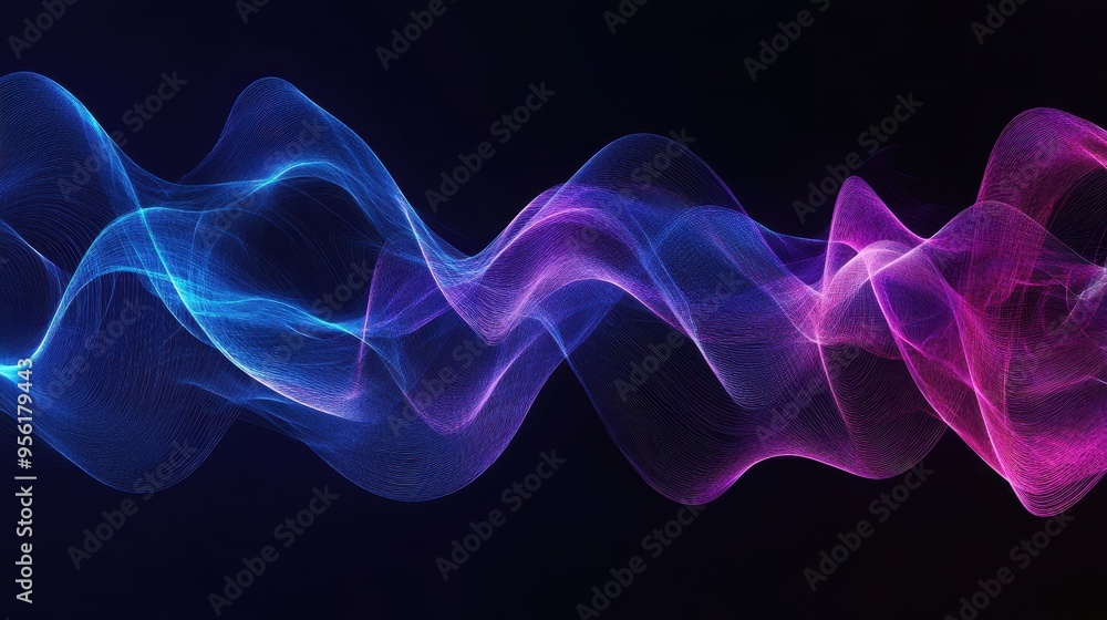 Fototapeta premium Abstract Purple and Blue Neon Light Waves on Black Background.