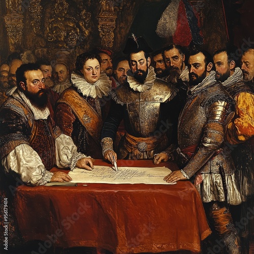 A group of men in 17th-century clothing gather around a table, signing a document. photo