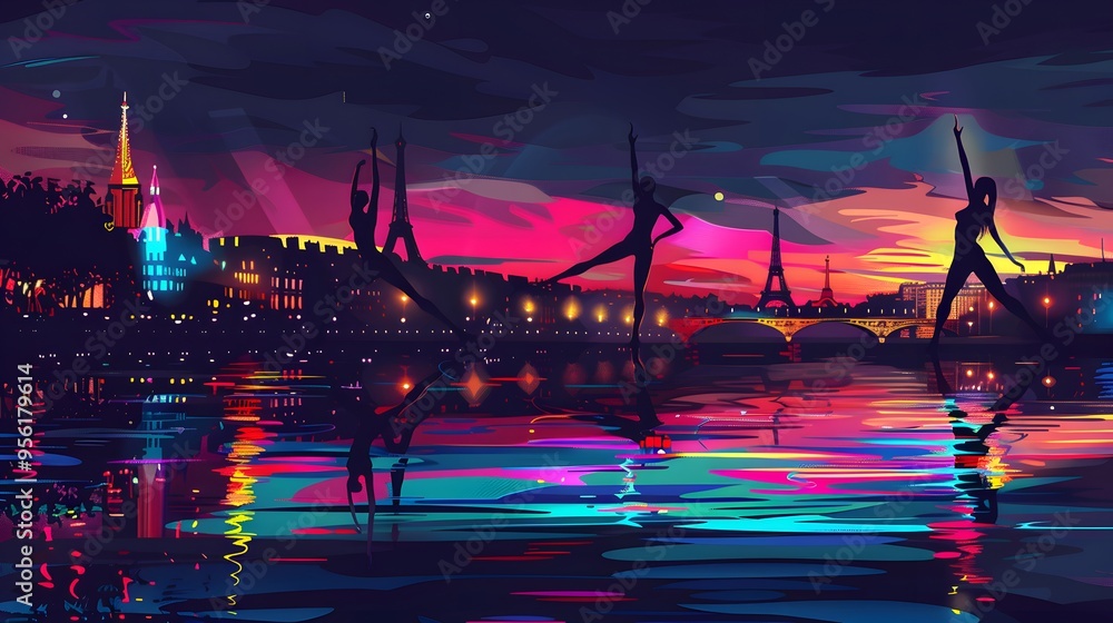 Naklejka premium A synchronized swimming team performing a routine, with the Seine and Paris landmarks, captured in vibrant vector graphics.