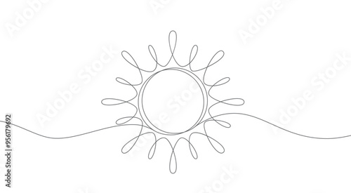 Sun continuous line. Hand drawn outline of the sun