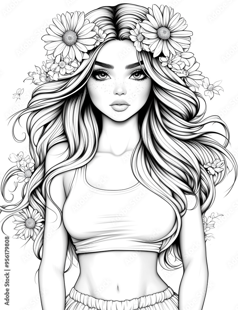 A woman with long hair and a flower crown on her head. She is wearing a white tank top and has a smile on her face A woman with long hair and a flower crown on her head. She is wearing a white tank top and has a smile on her face