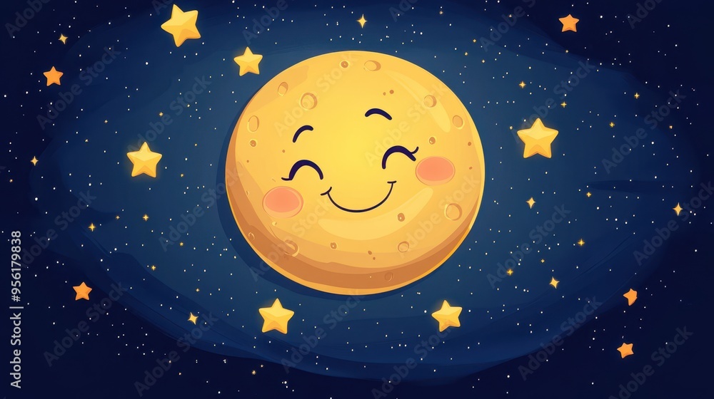 Cute Smiling Moon with Stars in Night Sky Illustration. Cute Smiling Moon with Stars in Night Sky Illustration.