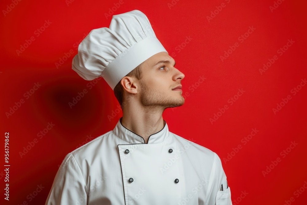 Chef in White Uniform Looking Away on Red Background Chef in White Uniform Looking Away on Red Background