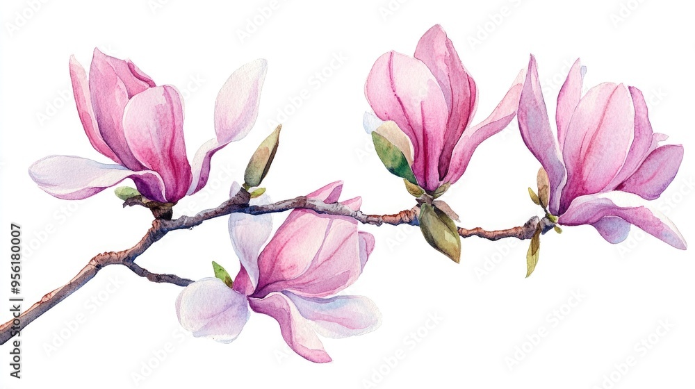 Obraz premium Watercolor painting of pink magnolia flowers on a tree branch isolated on a white background
