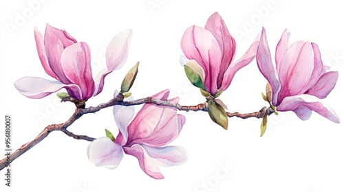 Watercolor painting of pink magnolia flowers on a tree branch isolated on a white background