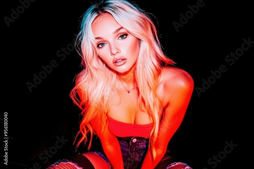 A Blonde Woman Posing With Red Lighting photo