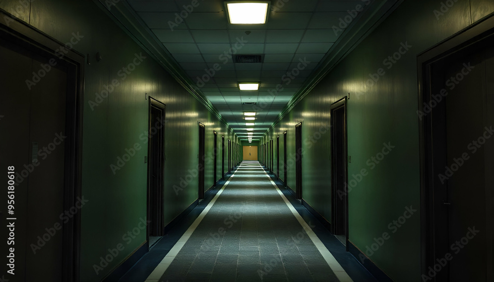 In the hotel, there is a hallway with green walls and rows of doors on both sides that is long and dimly lit. In the hotel, there is a hallway with green walls and rows of doors on both sides that is long and dimly lit.