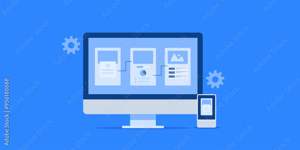 Mobile UI design flow on computer screen, smartphone app interface development conceptual vector illustration. Mobile UI design flow on computer screen, smartphone app interface development conceptual vector illustration.