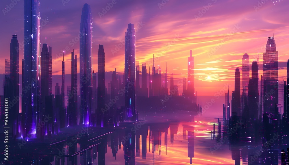 Fototapeta premium Abstract skyscrapers in the city at sunset