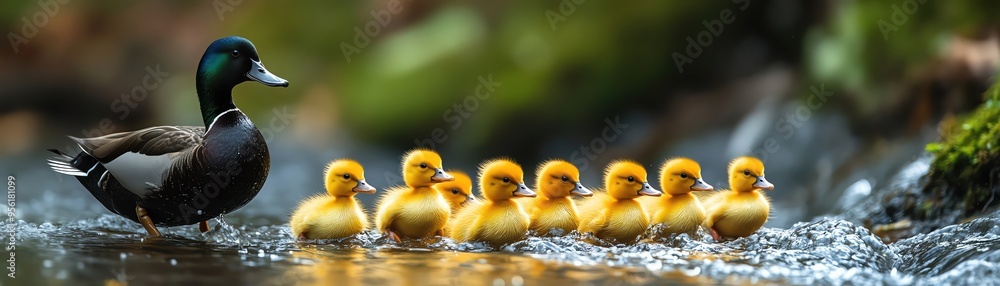 Black duckling leading a group of yellow ducklings, with a confident stance Black duckling leading a group of yellow ducklings, with a confident stance