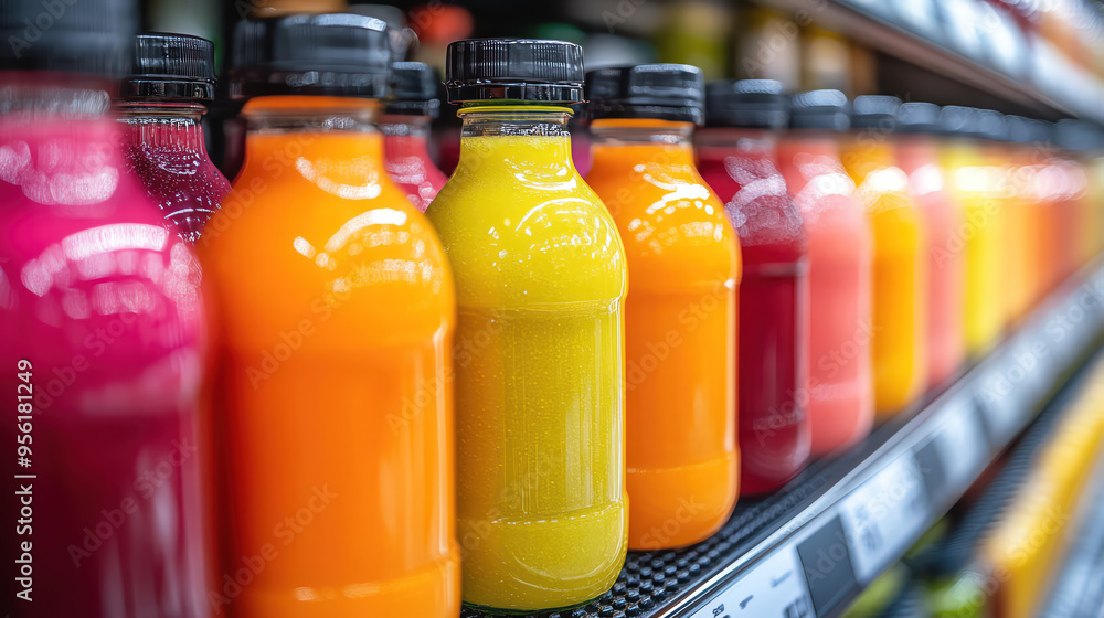 Brightly colored juice bottles lined up on a grocery store shelf Brightly colored juice bottles lined up on a grocery store shelf