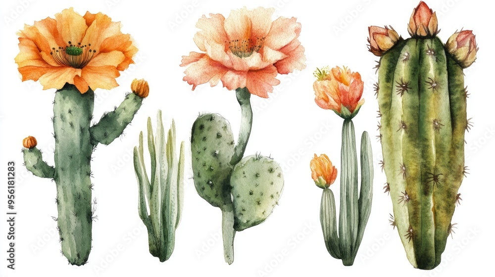 Fototapeta premium Watercolor illustration set featuring cactus floral botanical designs