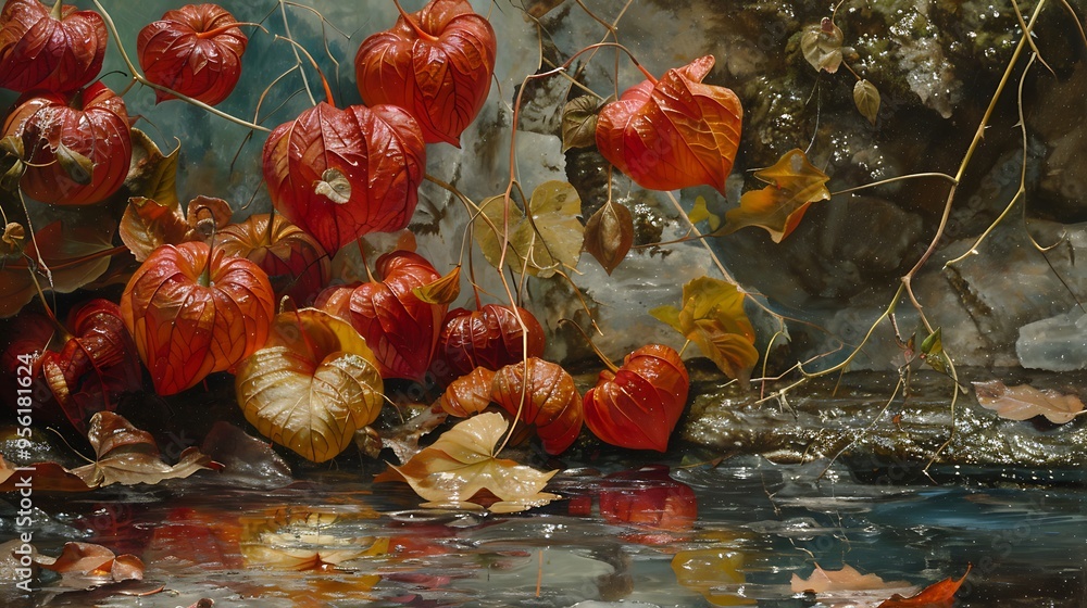 Naklejka premium On the glacial surface crimson physalis emerges with lush foliage