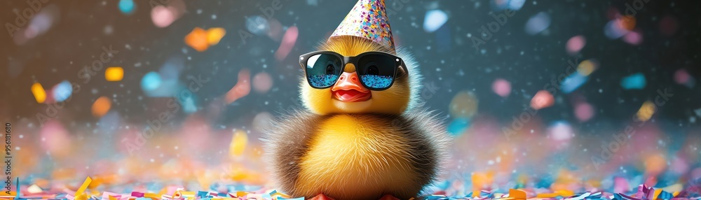 Cute duckling wearing sunglasses and a party hat, surrounded by colorful confetti Cute duckling wearing sunglasses and a party hat, surrounded by colorful confetti