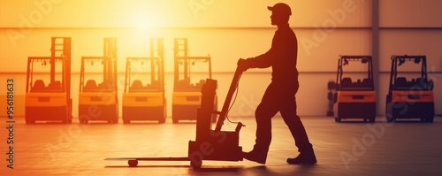 A worker operates a pallet jack in a warehouse at sunset, showcasing industrial profession and transportation logistics. photo