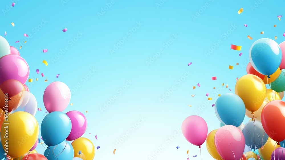 Colorful Balloons and Confetti on a Blue Sky Background - Festive Party Decoration Colorful Balloons and Confetti on a Blue Sky Background - Festive Party Decoration