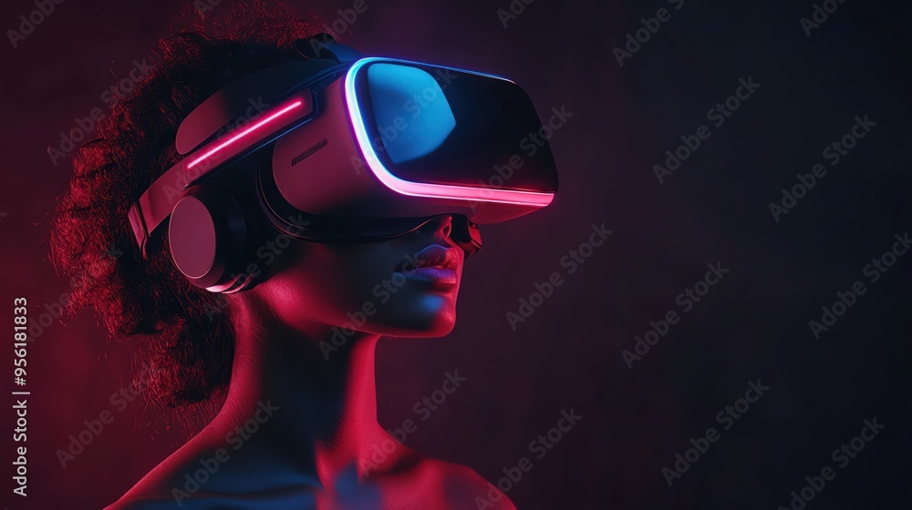 Digital silhouette with VR headset, pink and blue lights, futuristic virtual reality Digital silhouette with VR headset, pink and blue lights, futuristic virtual reality