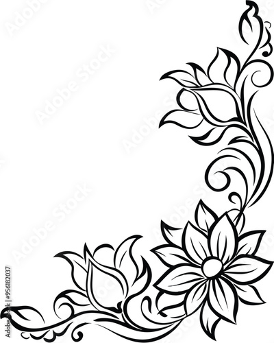 Corner Flower Border Line Art Outline Illustration, Simple and Elegant Floral Design, Isolated on White Background, Perfect for Invitations, Greeting Cards, and Decorative Projects in High-Resolution 