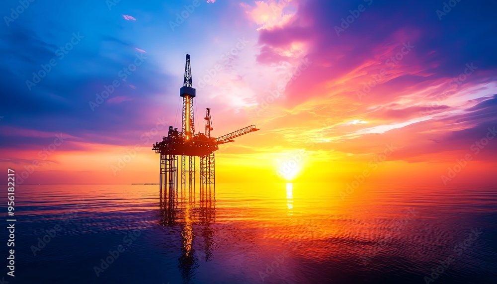 A stunning sunset view behind an offshore oil rig, reflecting colors on calm waters, showcasing energy and nature's beauty. A stunning sunset view behind an offshore oil rig, reflecting colors on calm waters, showcasing energy and nature's beauty.