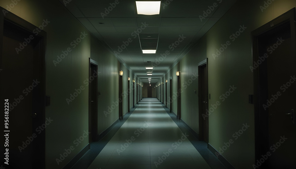 In the hotel, there is a hallway with green walls and rows of doors on both sides that is long and dimly lit. In the hotel, there is a hallway with green walls and rows of doors on both sides that is long and dimly lit.