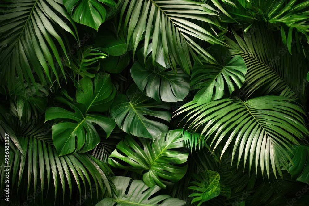 Green tropical background with jungle plants and an exotic pattern featuring palm leaves. Green tropical background with jungle plants and an exotic pattern featuring palm leaves.