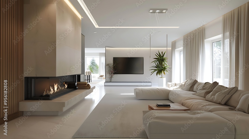Fototapeta premium Modern living room with a fireplace and a couch