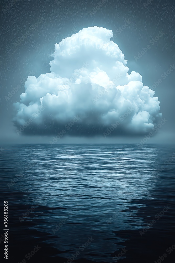 Naklejka premium Lonely cloud raining on a still ocean, dreamlike scene, bluegreen palette, reflective detail
