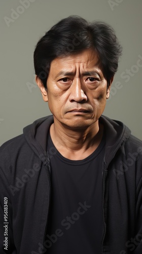 Cream background sad Asian man. Portrait of older mid-aged person beautiful bad mood expression boy Isolated on Background depression anxiety fear 