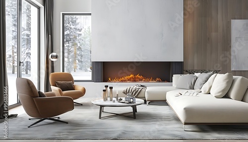 Modern living room with a fireplace and a couch