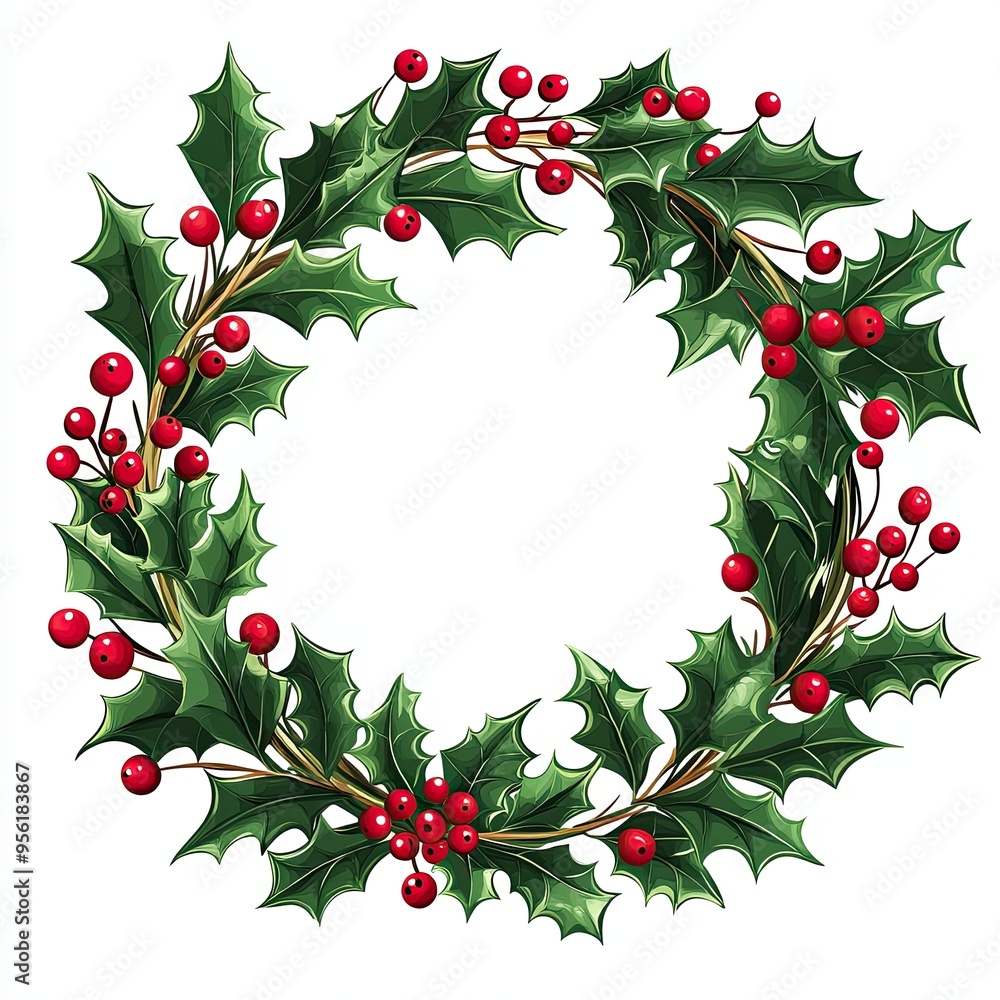 Holly wreath with red berries illustration, Beautiful illustration of a festive holly wreath adorned with vibrant red berries, perfect for Christmas and holiday decoration themes.
Holly wreath with red berries illustration, Beautiful illustration of a festive holly wreath adorned with vibrant red berries, perfect for Christmas and holiday decoration themes.