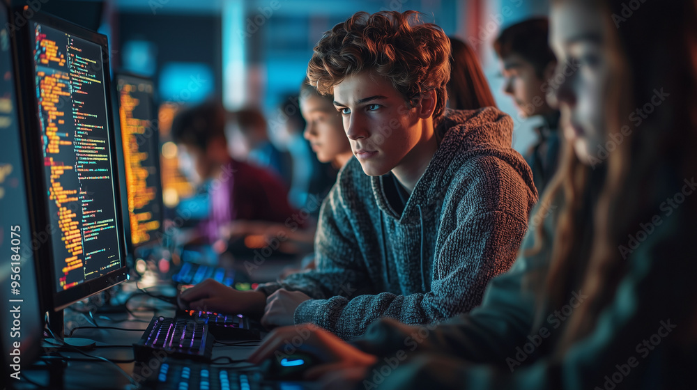A group of high school students in a computer lab, focused on coding projects A group of high school students in a computer lab, focused on coding projects