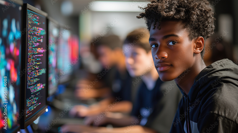 A group of high school students in a computer lab, focused on coding projects A group of high school students in a computer lab, focused on coding projects