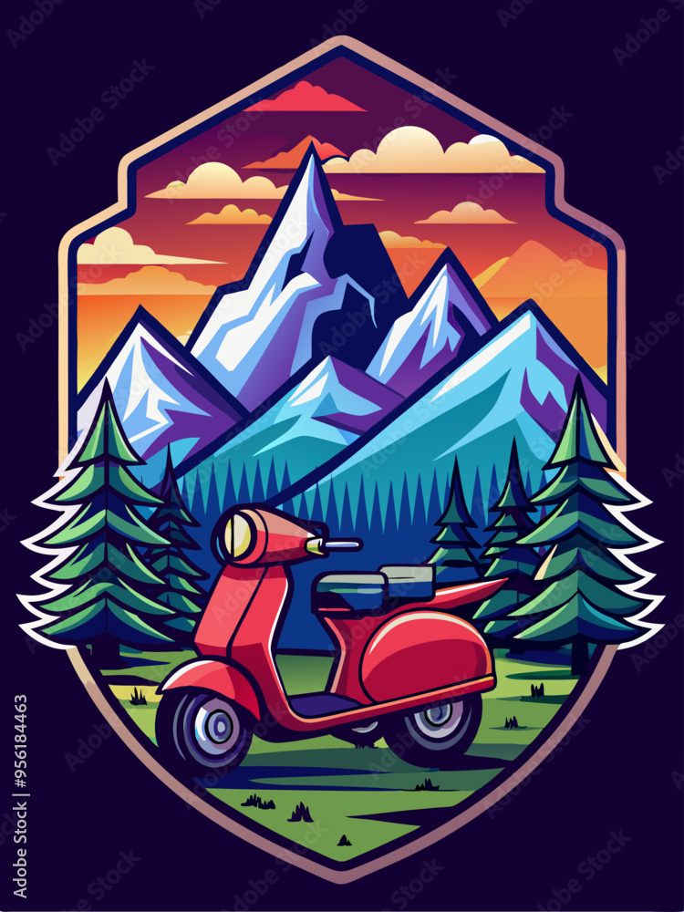 Red Scooter Parked in a Mountainous Forest Landscape Red Scooter Parked in a Mountainous Forest Landscape