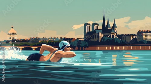 A swimmer racing in the Seine, with Parisian landmarks in the background, depicted in clean vector design.