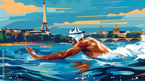 A swimmer racing in the Seine, with Parisian landmarks in the background, depicted in clean vector design.