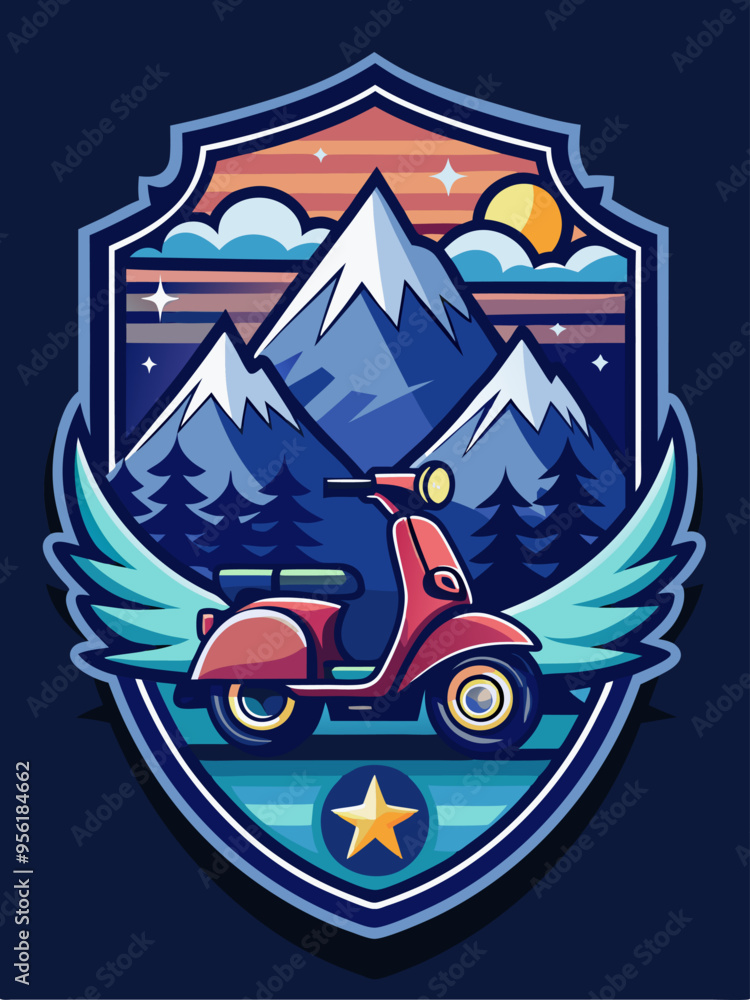 Red Scooter with Wings in Front of Mountains Red Scooter with Wings in Front of Mountains