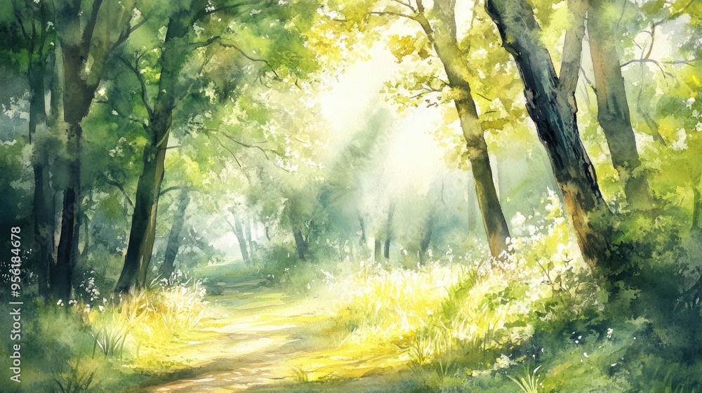 Obraz premium Watercolor vertical oil painting depicting a sunny spring or summer scene with trees in a forest park showcasing modern landscape artistry