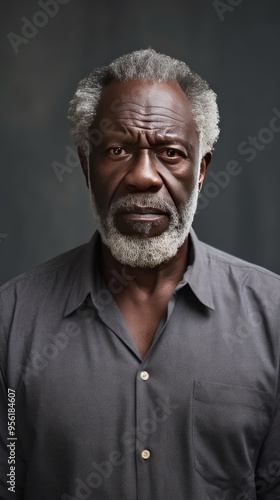 Cream background sad black american independent powerful man. Portrait of older mid-aged person beautiful bad mood expression isolated