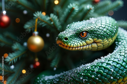 Close-up of a green snake wrapped around a Christmas tree, with festive decorations such as ornaments and a gold ball visible in the background.