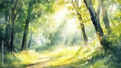 Watercolor vertical oil painting depicting a sunny spring or summer scene with trees in a forest park showcasing modern landscape artistry