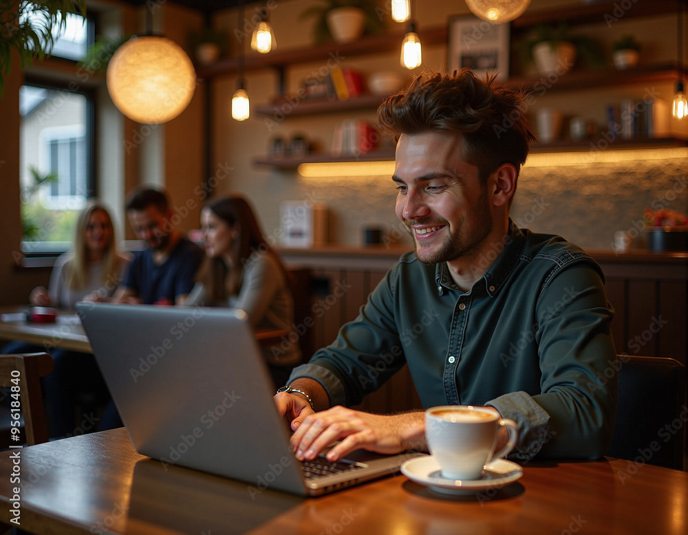 Young Man Working on Laptop in Cozy Cafe with Coffee Young Man Working on Laptop in Cozy Cafe with Coffee