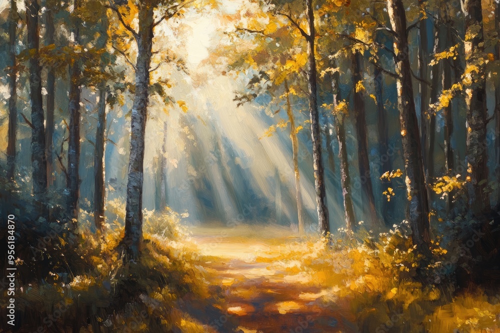 Sunlight streams through trees in a morning forest illuminating the scene with warm golden rays in this captivating oil painting Sunlight streams through trees in a morning forest illuminating the scene with warm golden rays in this captivating oil painting