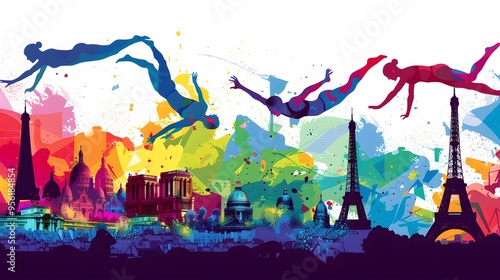 A synchronized diving team executing a perfect dive, with Paris landmarks in the background, depicted in sleek vector design. photo