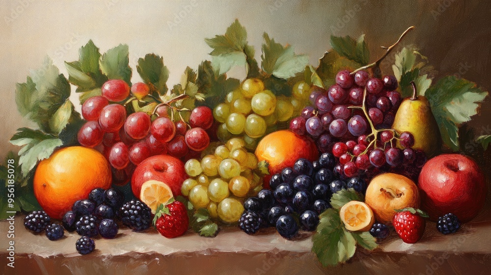 Rectangular oil painting featuring assorted fruits and berries Rectangular oil painting featuring assorted fruits and berries