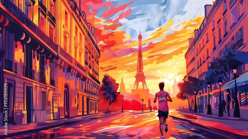 A marathoner running through the streets of Paris, with Parisian landmarks in the distance, illustrated in vibrant vector style.