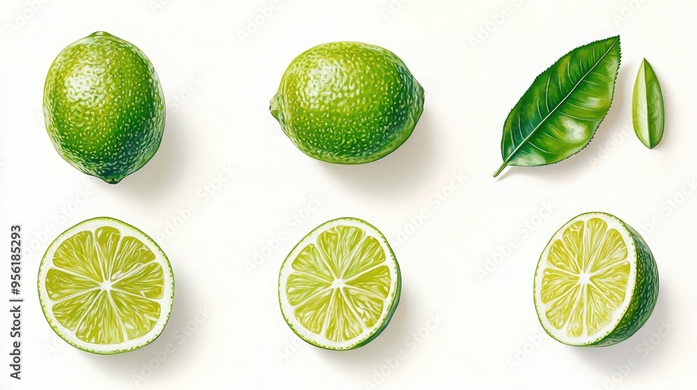 Oil painting of whole half and sliced lime with a leaf isolated on a white background featuring a creative juice theme in a flat lay top view composition Oil painting of whole half and sliced lime with a leaf isolated on a white background featuring a creative juice theme in a flat lay top view composition