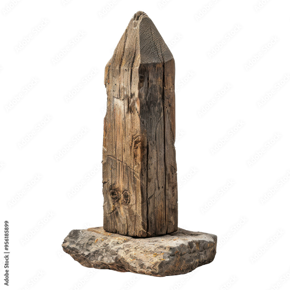 A weathered wooden pillar resting on a stone base, showcasing natural textures and rustic charm. A weathered wooden pillar resting on a stone base, showcasing natural textures and rustic charm.