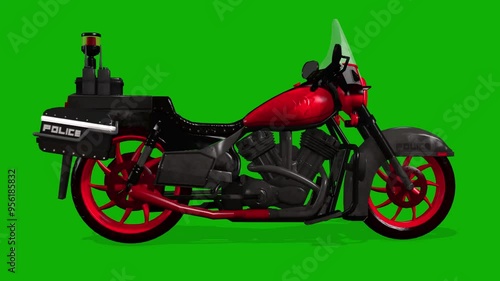 Red Black Police Motorcycle 3D Rendering Animation View From Right Side On Green Screen photo